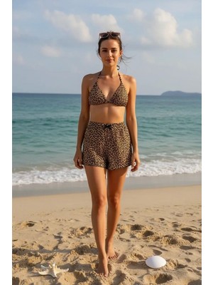 Bemy Store Leopar Desenli Şortlu Bağlamalı Bikini Takımı Üçgen Kesim Ayarlanabilir Esnek Kumaş Kadın M