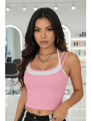 Bemy Store Kadın Pembe Beyaz Çift Renk Çapraz Askılı Crop Top Bluz Şık Esnek