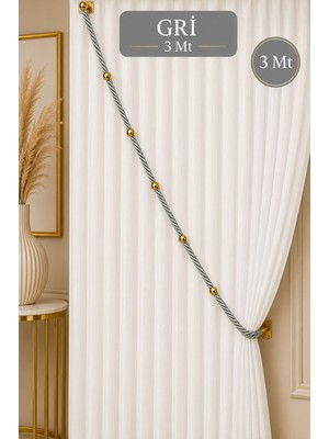 Emtory Home Gri Kruvaze Perde Tavan Korniş Bağlama Halatı - Gold Detaylı - Perde Süsü - 3 Metre - 1 Adet