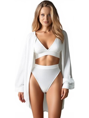 Bemy Store Kadın Beyaz Yüksek Bel Slip Takımı Dolgusuz Rahat Şık Iç Giyim Seti
