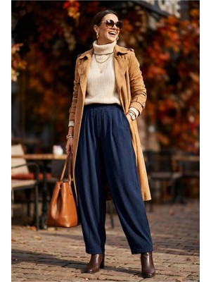 Fashion Cocktail Dar Paça Fitilli Kadife Belden Lastikli Baharlık Kombin Comfort Şalvar Havuç Pantolon