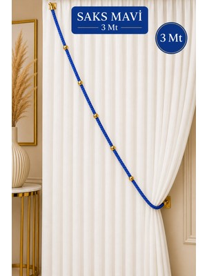 Emtory Home Saks Mavi Kruvaze Perde Tavan Korniş Bağlama Halatı - Gold Detaylı - Perde Süsü - 3 Metre - 1 Adet