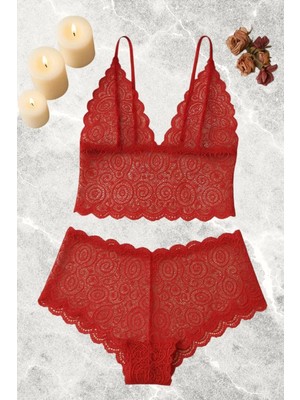 Beruflic Kırmızı Dantel Bralet Şort Takımı Askılı Şık Kadın Ev Giyim Under Moda