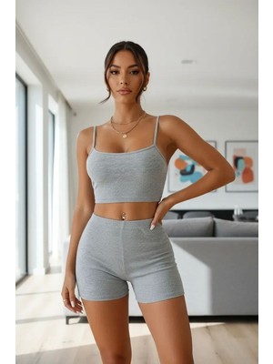 Beruflic Kadın Gri Kaşkorse Şortlu Crop Atlet Takım Esnek Kumaş Yüksek Bel Under Moda