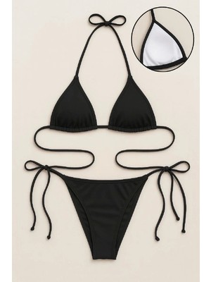 Asil Sepet Giyim Kadın Siyah Bikini Mayo Takımı Yandan ve Boyundan Bağlamalı Şık Plaj ve Havuz Seti