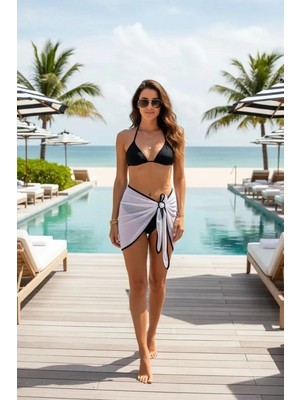 Asil Sepet Giyim Kadın Siyah Beyaz Pareolu 3’lü Bikini Takımı Yandan ve Boyundan Bağlamalı Pedli Şık Plaj Seti