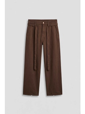 Abluka Online Erkek Baggy Fit Yüksek Bel Kemerli Gabardin Pantolon Kahverengi