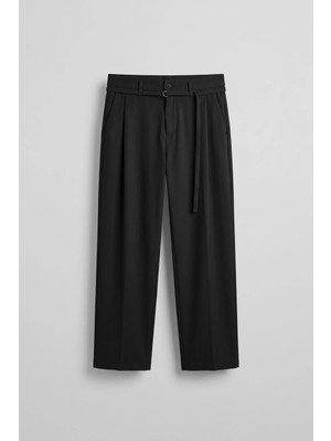 Abluka Online Erkek Baggy Fit Kemer Detaylı Gabardin Kumaş Pantolon Siyah