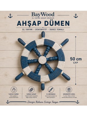 WoodBay Ahşap Dümen Dekoratif Denizci Temalı El Yapımı Duvar Süsü Marin Deniz Temalı 50 cm