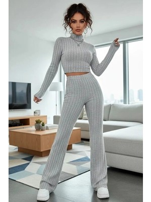 Asil Sepet Giyim Kadın Gri Çizgili Boğazlı Crop Top Yüksek Bel Pantolon Takım Şık 2’li Set