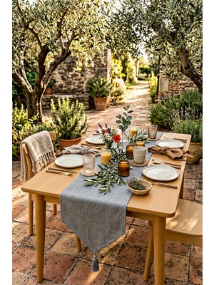 Bs Home Lüks Keten Runner Masa Örtüsü Rustik Şık Püsküllü Dekoratif Masa Örtüsü 35X150 cm