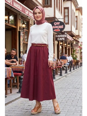 Modestim Kadın Bordo Bel Kemerli Tesettür Etek Mevsimlik Rahat Kalıp Şık Trend Uzun Tesettür Etek