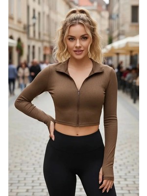 MTM My The Mall Giyim Kadın Kahverengi Dik Yaka Fermuarlı Uzun Kollu Parmak Geçmeli Crop Top Spor Bluz
