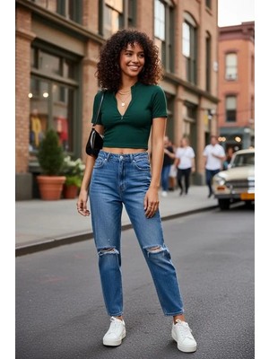 MTM My The Mall Giyim Kadın Yeşil Fermuar Detaylı Modern Kesim Crop Bluz
