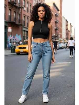 MTM My The Mall Giyim Kadın Siyah Modern Kesim Yarım Fermuarlı Crop Top