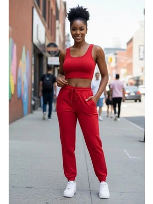 MTM My The Mall Giyim Kadın Kırmızı Premium Görünümlü Kaşkorse Cepli Jogger Eşofman Altı ve Crop Top Bluz Takımı