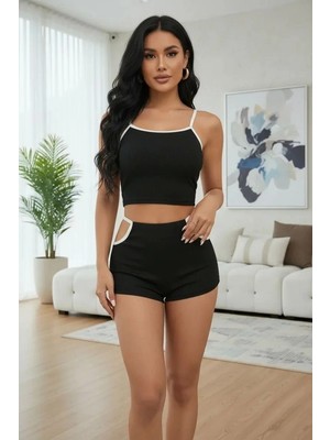 MTM My The Mall Giyim Kadın Siyah Beyaz Cut-Out Detaylı Feminen Şortlu Gece Giyim Takımı