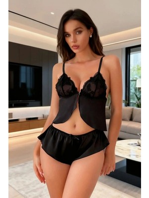 MTM My The Mall Giyim Kadın Siyah Göğüs Dantel Işlemeli Mini Şortlu Şık Iç Giyim Takımı