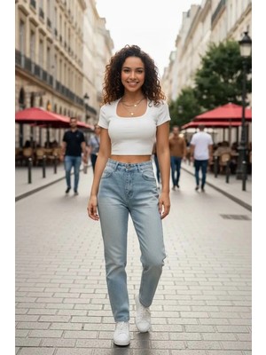 MTM My The Mall Giyim Kadın Beyaz Şık Kesim Düz Yaka Crop Top Bluz