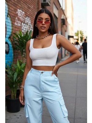 MTM My The Mall Giyim Kadın Beyaz Kalın Askılı Crop Top Büstiyer Esnek Kumaş Şık Basic Kadın Üst Giyim
