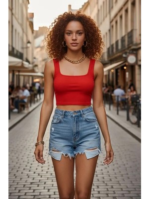 MTM My The Mall Giyim Kadın Kırmızı Kalın Askılı Crop Top Büstiyer Esnek Kumaş Şık Basic Kadın Üst Giyim