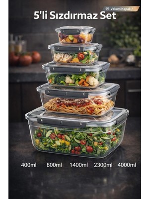 Loremp 5’li Sızdırmaz Saklama Kabı Seti Dikdörtgen Kilitli Kapaklı Vakumlu | Bpa Free Gıda Saklama Kutusu