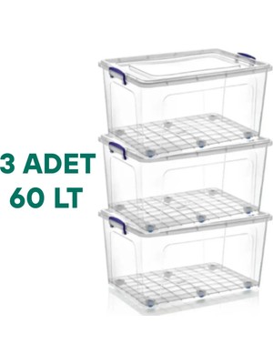 Loremp Tekerlekli Kilitli Saklama Kutusu 60 Litre 3 Adet Tekerlekli Saklama Kabı Depolama Düzenleyici