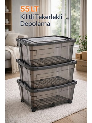Loremp 55 Lt Tekerlekli Kilitli 3 Adet Saklama Kutusu Depolama Düzenleyici