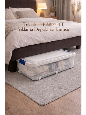 Loremp 60 Lt Tekerlekli Kilitli Saklama Kutusu Yatak Altı Organizer Şeffaf Depolama Şeffaf