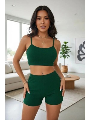 MTM My The Mall Giyim Kadın Yeşil Kaşkorse Şortlu Crop Atlet Takım Esnek Kumaş Yüksek Bel