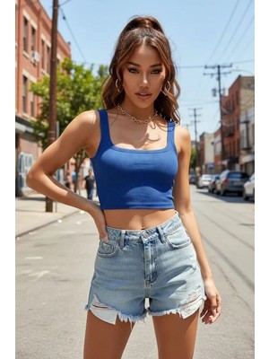 MTM My The Mall Giyim Kadın Lacivert Kalın Askılı Crop Top Büstiyer Esnek Kumaş Şık Basic Kadın Üst Giyim