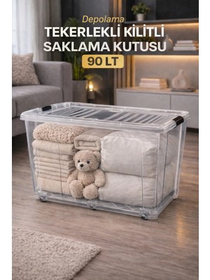 Loremp 90 Lt Şeffaf Kilitli Tekerlekli Saklama Kutusu Depolama Düzenleme 1 Adet