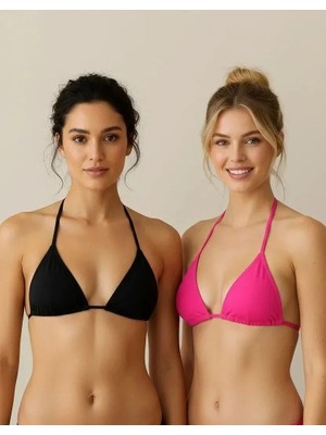 MTM My The Mall Giyim Siyah ve Fuşya Detaylı Üçgen Bikini Üstü Bağlamalı Kadın Mayo Üstü 2'li