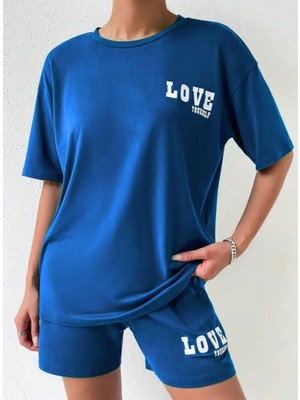 Nigrum Pardus Nıgrum Pardus Yeni Sezon Love Baskılı %100 Pamuk Büyük Beden Bisiklet Yaka Kadın T-Shirt Şort Takım