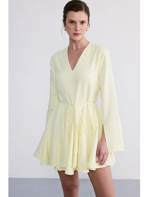 Facette Çizgili Poplin Elbise Sarı