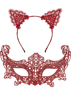 Colezium Romantik Kırmızı Dantel Maske Seti – Kedi Kulaklı Taç ve Maske 3 No