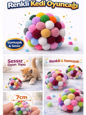 Colezium Renkli Ponpon Kedi Oyuncak Topu 7 cm  ( 2 Adet ) – Yumuşak Sessiz Kedi Oyun Topu