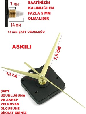 Saat Mekanizması, Sessiz Çalışır, Sessiz Akar Saat Motoru 14 mm Şaft, Akrep-Yelkovan-Saniye-(Askılı)