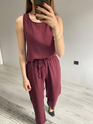 Nice Boutique Tensel Kumaş Kolsuz Bluz Beli Lastikli Pantolon Takım