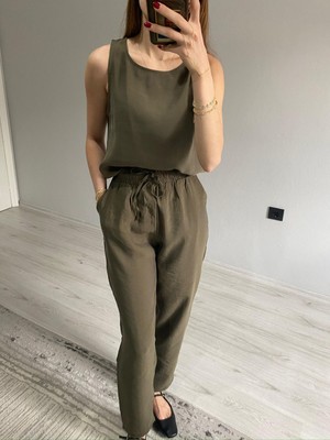 Nice Boutique Tensel Kumaş Kolsuz Bluz Beli Lastikli Pantolon Takım