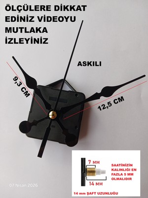Cnr Shop Duvar Saati Mekanizması, 14 mm Şaft Sessiz Çalışır Akar Mekanizma Akrep-Yelkovan-Saniye-(Askılı)