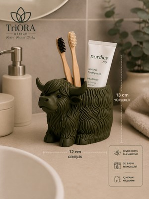 Triora Design Highland Öküz Dekoratif Saksı ve Kalemlik 13 cm – 3D Baskı Masaüstü Organizer – Minimalist Ev ve Ofis Dekoru