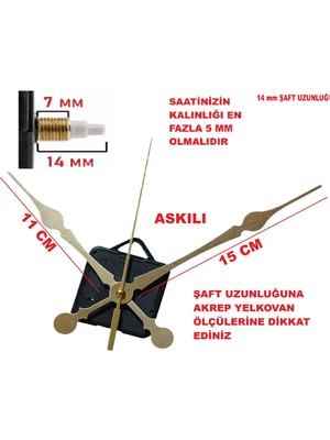 Cnr Shop 14 mm Şaft Boyu Duvar Saati Mekanizması Sessiz Çalışır Büyük Boy Akrep-Yelkovan-Saniye-(Askılı)