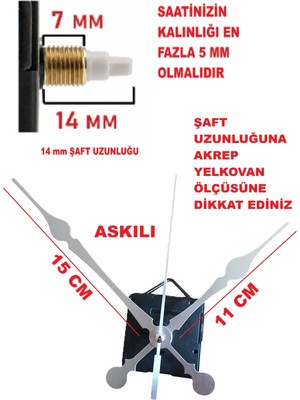 Cnr Shop 14 mm Şaft Boyu Duvar Saati Mekanizması Sessiz Çalışır Büyük Boy Akrep-Yelkovan-Saniye-(Askılı)