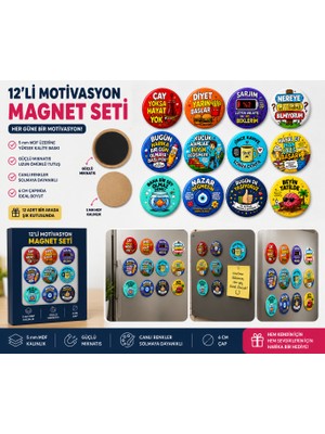 Magnet Seti 12'li Motivasyon 6 cm | 5 mm Mdf | Güçlü Mıknatıslı | Renkli Dekoratif Buzdolabı Magneti