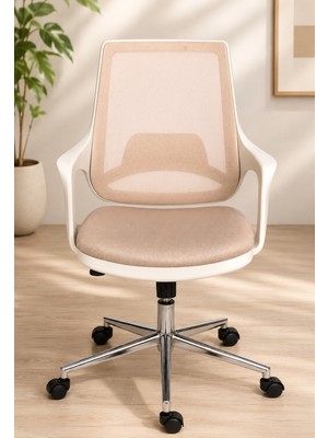 Ofiscore Modern Fileli Çalışma Koltuğu – Ergonomik Ofis Koltuğu, Nefes Alabilen Mesh Sırt, Krom Ayaklı, Tekerlekli Bilgisayar Koltuğu – Krem Bej
