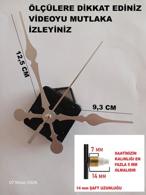 Cnr Shop Saat Makinesi, 14 mm Şaft Boyu Akar Sessiz Duvar Saati Mekanizması, Akrep-Yelkovan-Saniye-(Askılı)