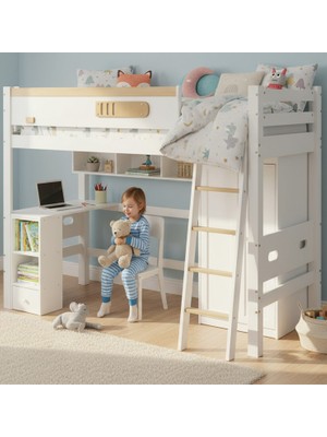 Sare Trade Hernest Çalışma Masalı Montessori Loft Yatak 90X200 cm – Gardıroplu, Merdivenli ve Raflı Çocuk Genç Odası Ranza Yatak Beyaz Ahşap