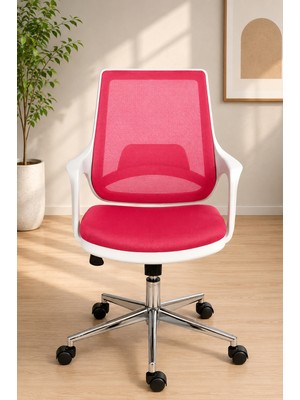 Ofiscore Ergonomik Fileli Ofis Koltuğu Pembe – Krom Ayaklı, Tekerlekli, Modern Çalışma ve Home Office Koltuğu