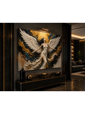Othello Art Melek Kanatlı Kadın Soyut Kanvas Tablo Gold Siyah Modern Ofis Salon Duvar Dekoru